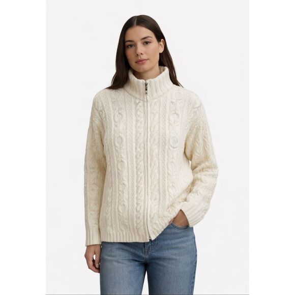 Inis Crafts Ireland Merino Wool Fisherman Cable Knit Zip Sweater Cream Small - Picture 1 of 7